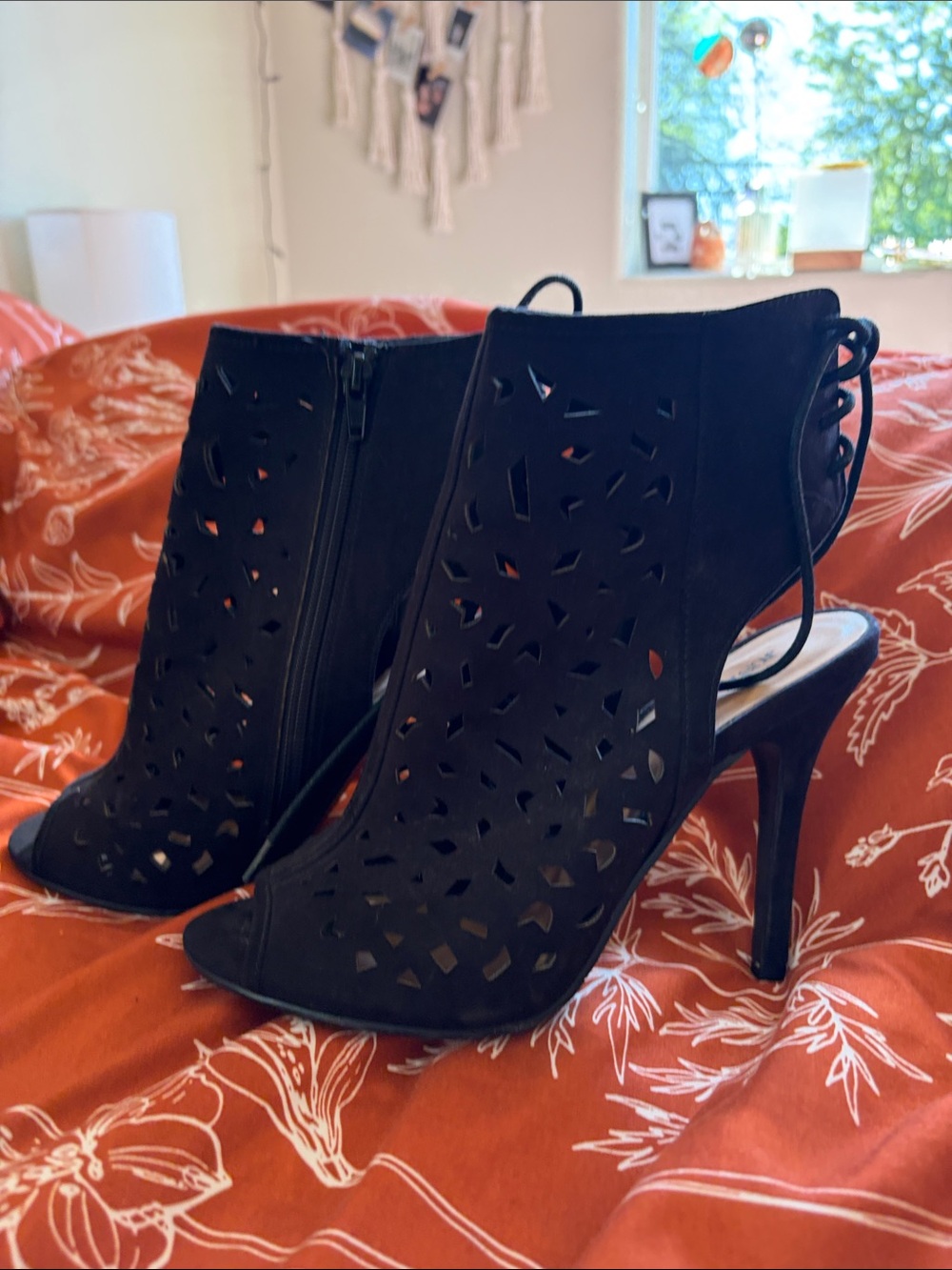 Women's Black Laser-Cut Peep-Toe High Heel Booties